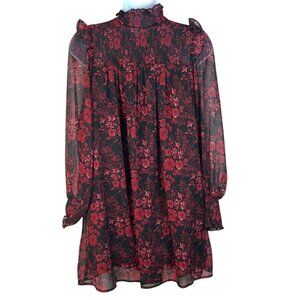 Mi Ami Francesca's Red Black Floral Print Sheer Smocked Long Sleeve Dress Sz XS